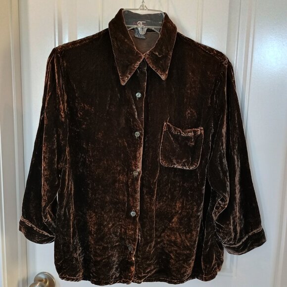 Women Medium Velvet Blouse Pocket Button L/S Brown Silk Blend Soft Quiet Luxury - Picture 1 of 7